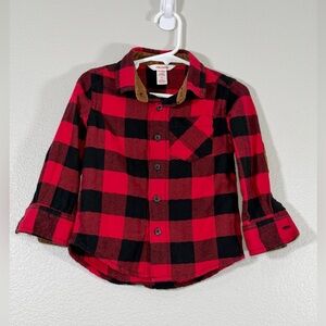 Joe Fresh Shirt Button Down Red Black Plaid Corduroy Brown Elbow Patch Toddler 2